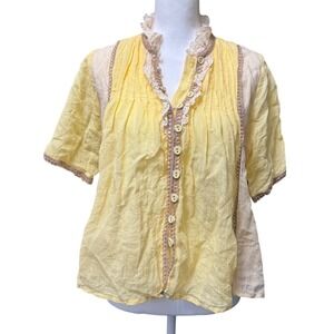 Letmebe Yellow Ramie Lace Trim Pintuck Blouse Top Women's Medium
